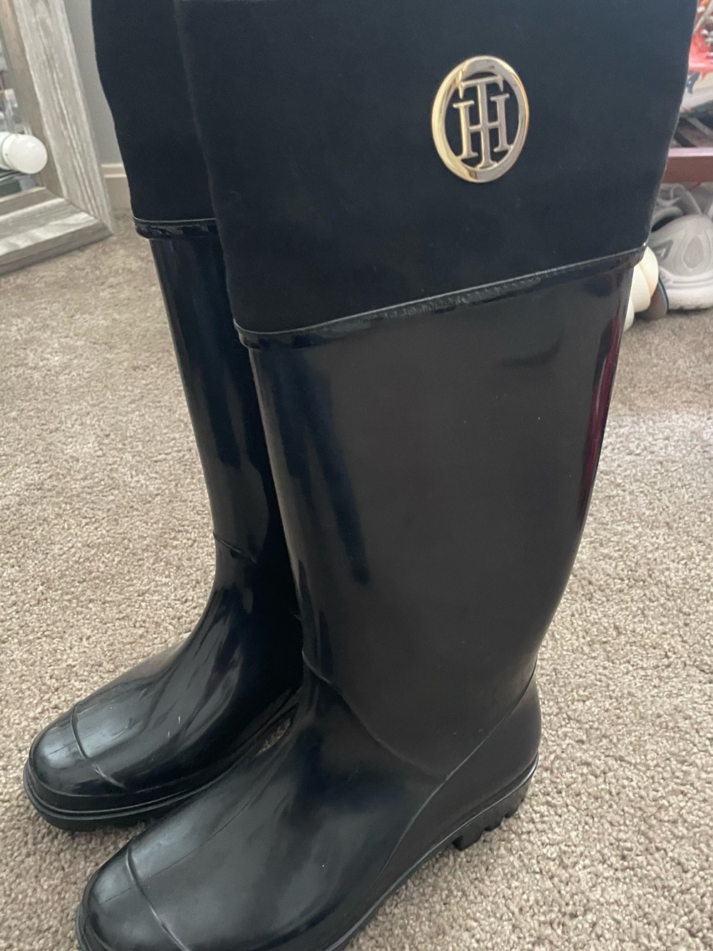 Tommy Hilfiger Black Logo-Emblem Tall Rain Boots